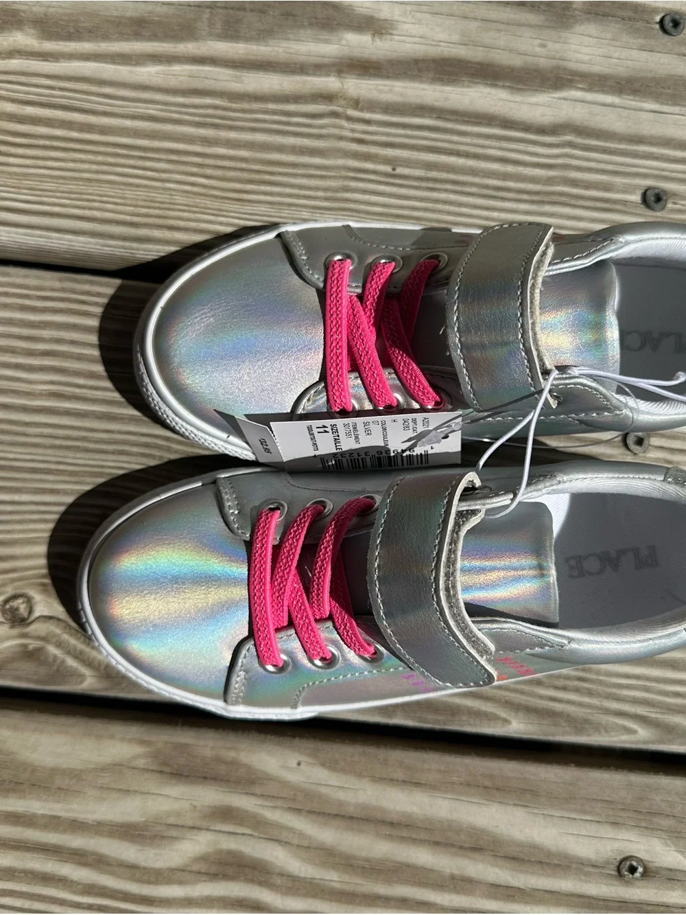 The Children's Place Holographic Silver Sneakers with Pink Laces
